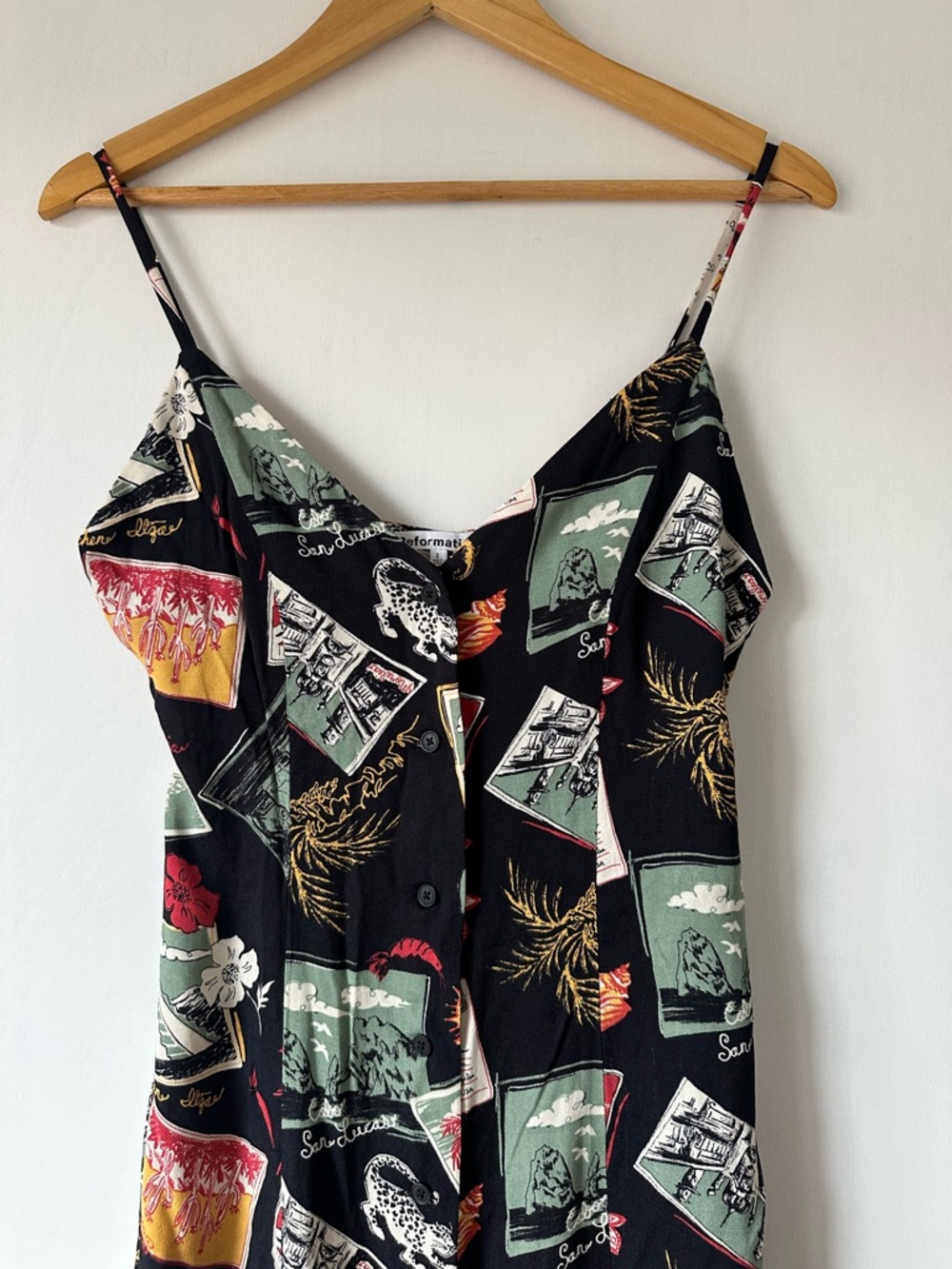 Reformation Black Postcard-Print Midi Slip Dress with Red and Green Accents - Picture 3 of 8